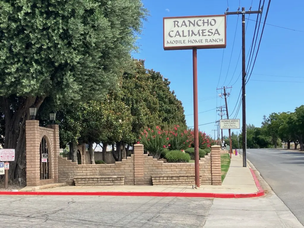 The Rancho Calimesa Mobile Home Ranch sign at the brick entrance on Calimesa Boulevard
